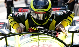 Thumbnail for Drivers prepared to strap in for wet, wild conditions at Barber today