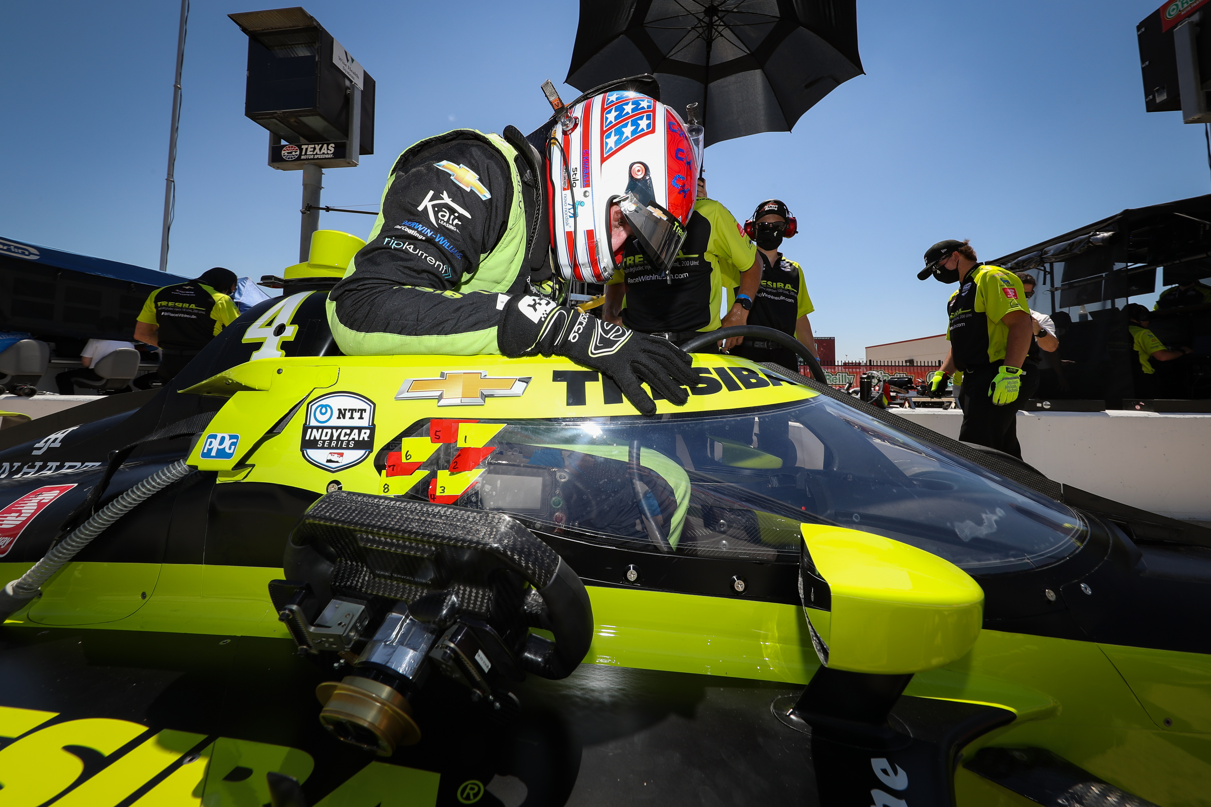 Charlie Kimball gets in his No. 4 TRESIBA / AJ FOYT RACING Chevrolet