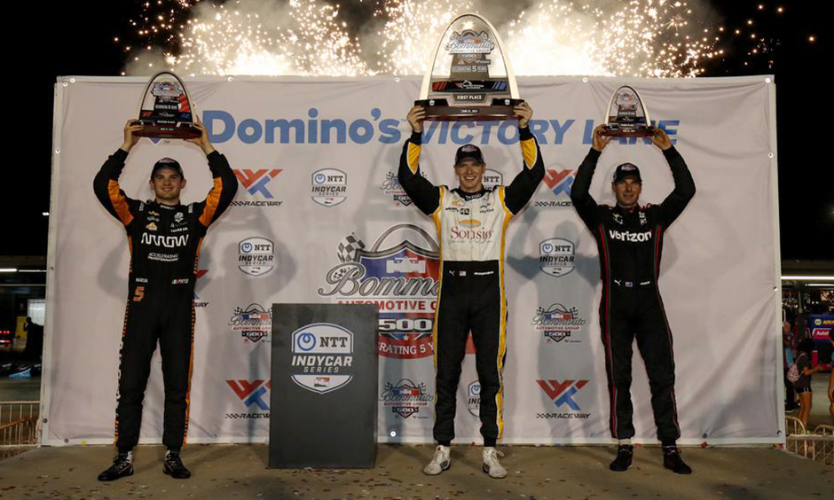 Pato O'Ward, Josef Newgarden and Will Power on podium at World Wide Technology Raceway in 2021.